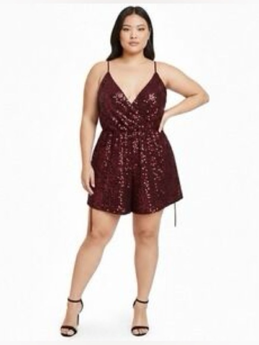 Forever 21+ Plus Size Sequin V-Neck Romper in Burgundy | 1X